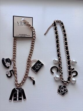 Black and Gold Chain Charm Necklace with Pearls